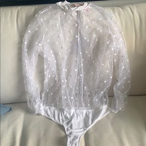 Victoria’s Secret white sheer polka dot bodysuit L